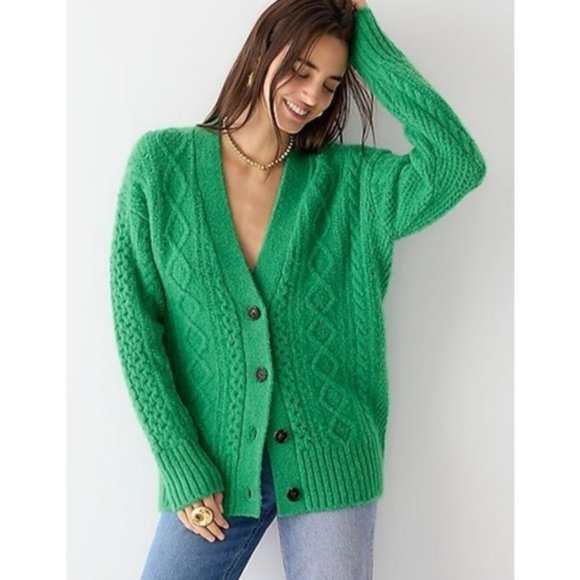 Cable-knit stretch wool cardigan sweater